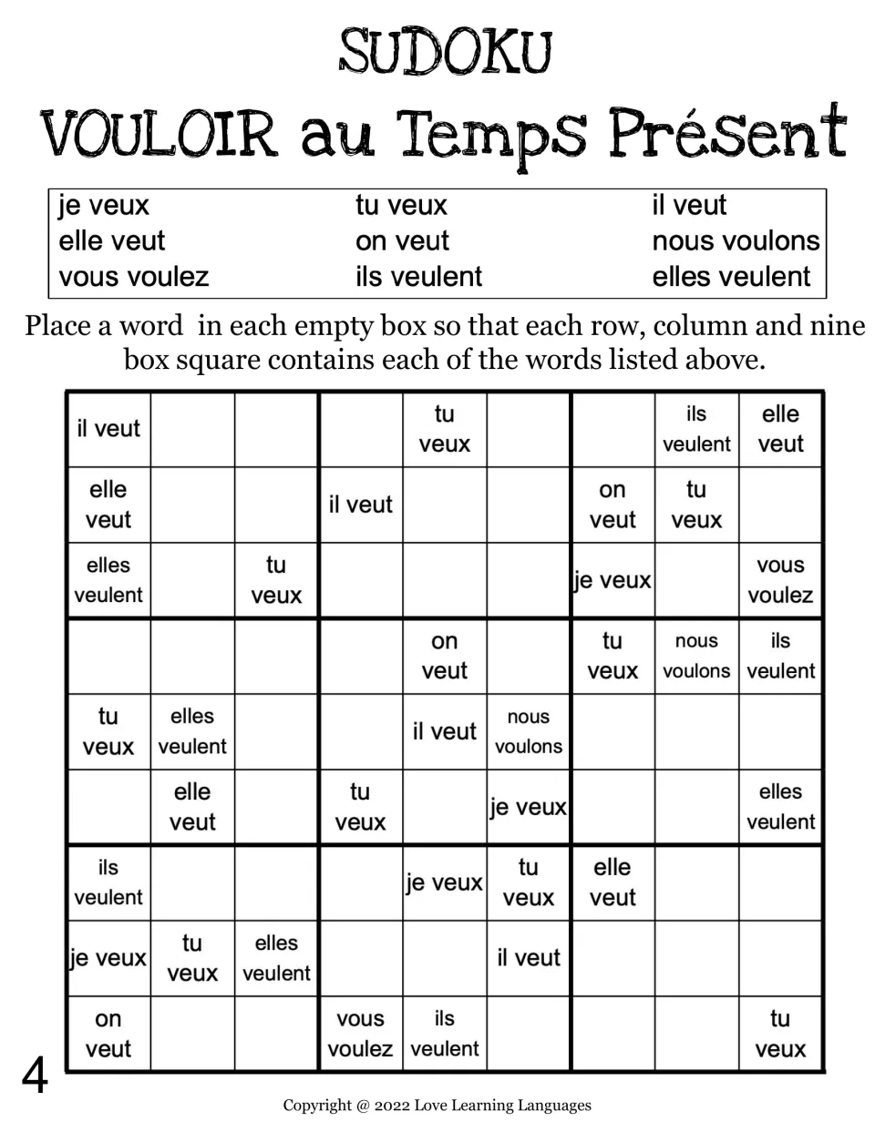 French vouloir (to want) Sudoku puzzle 4: complete the missing forms using clues such as tu veux.