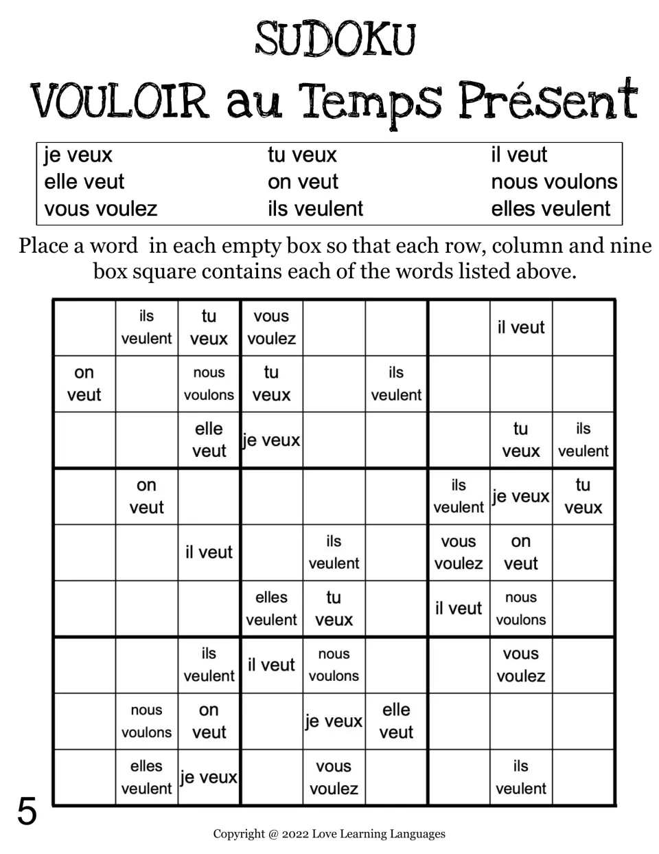 French vouloir (to want) Sudoku puzzle 5: complete the missing forms using clues such as nous voulons.