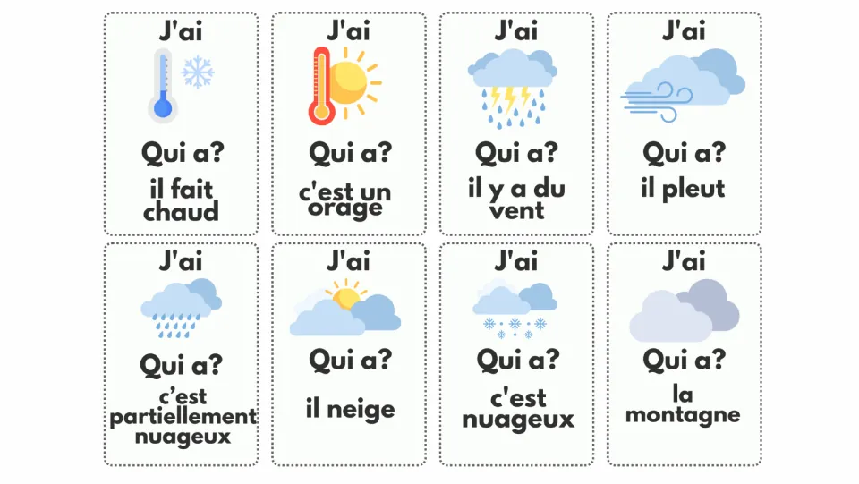 French game cards 1–8 show cold, heat, storms, wind, rain, partly cloudy skies, snow, and cloudy skies
