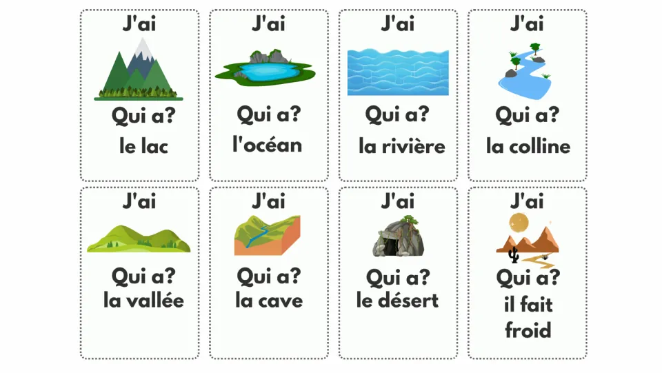 French game cards 9–16 show a mountain, lake, ocean, river, hill, valley, cave, and desert