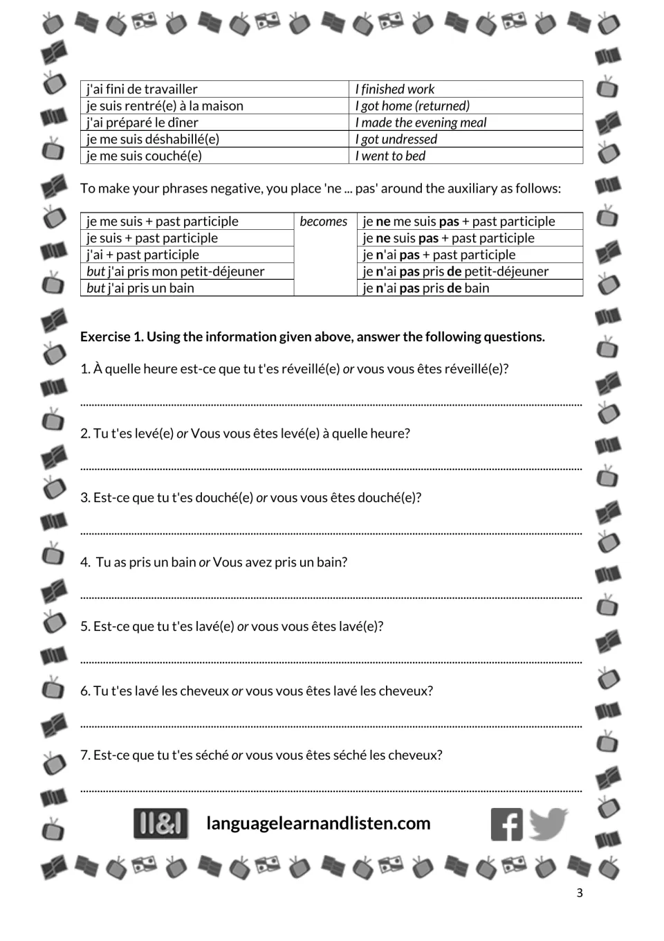 French daily routine reference continues with negative forms; Exercise 1 begins with personal questions 1–7