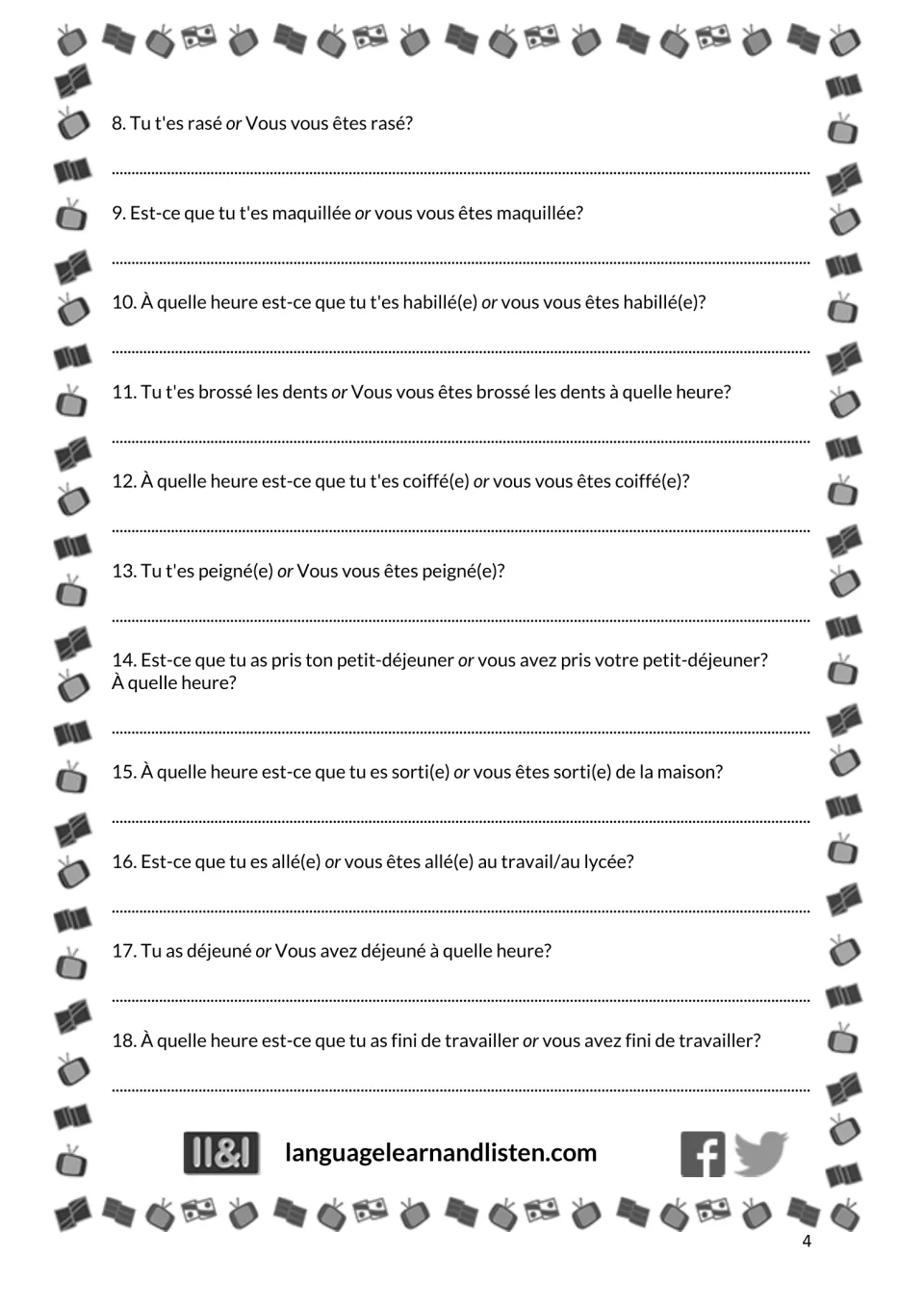 French daily routine Exercise 1, questions 8–18: answer about shaving, getting dressed, meals, and work