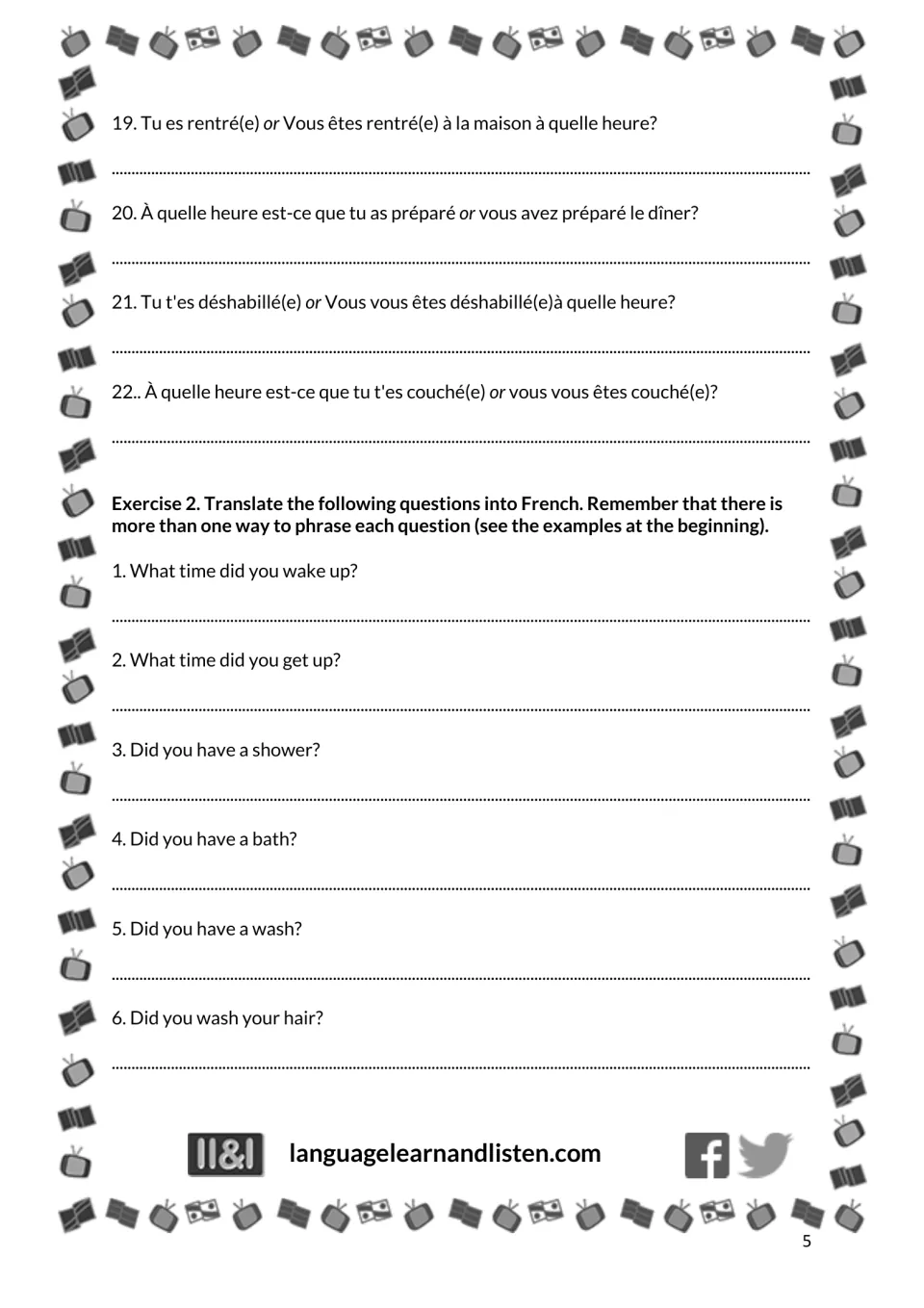French daily routine practice: Exercise 1 questions 19–22 and Exercise 2 questions 1–6 to translate into French