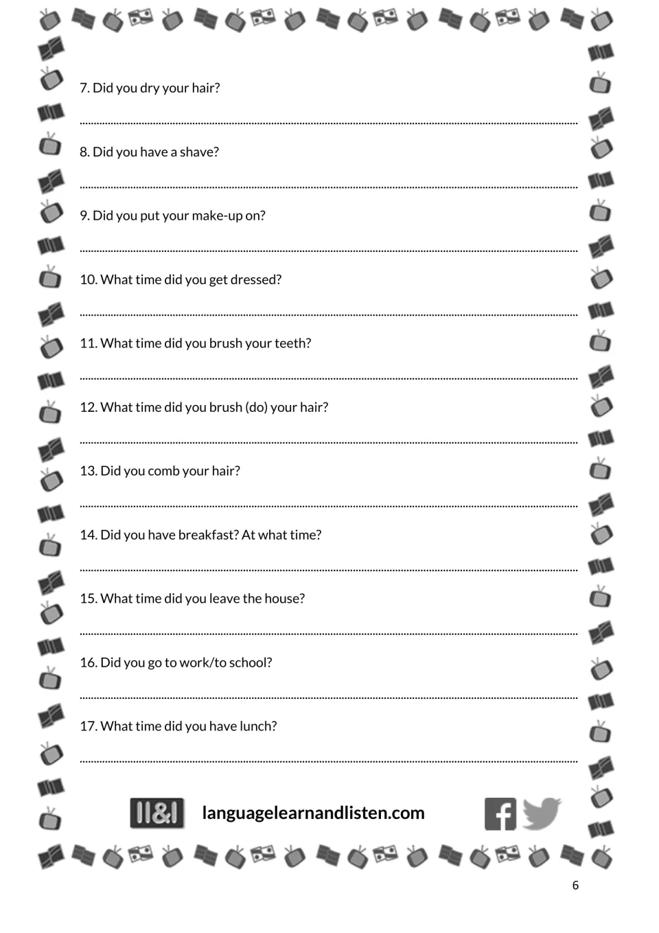 French translation Exercise 2, questions 7–17: drying hair, shaving, getting dressed, breakfast, and lunch