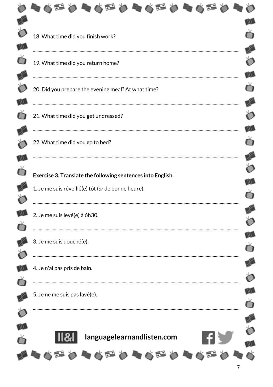 French daily routine practice: Exercise 2 questions 18–22 and Exercise 3 sentences 1–5 to translate into English
