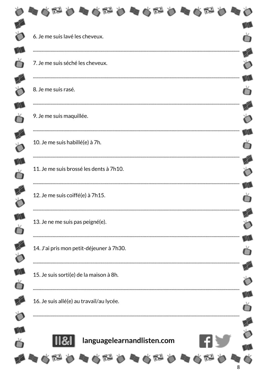 English translation Exercise 3, sentences 6–16: French daily routines with times from 7:00 to 8:00