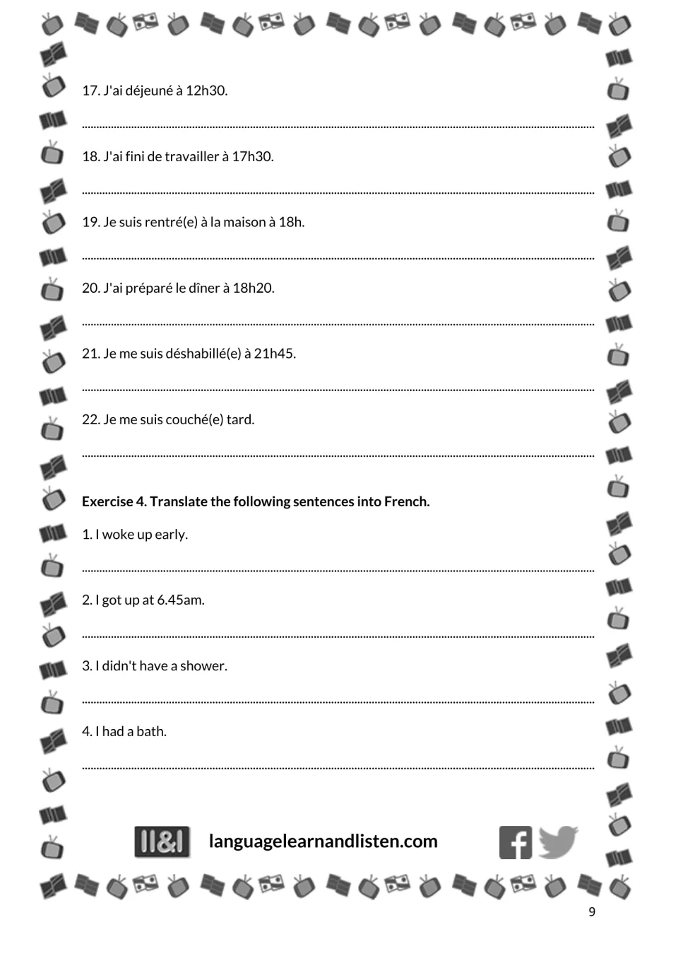 French daily routine practice: Exercise 3 sentences 17–22 and Exercise 4 sentences 1–4 to translate into French
