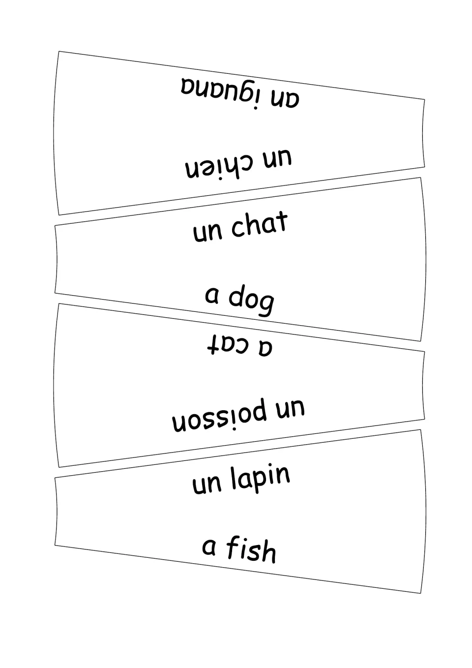French-English wheel puzzle labels 1–4: un chien (dog), un chat (cat), un poisson and un lapin.