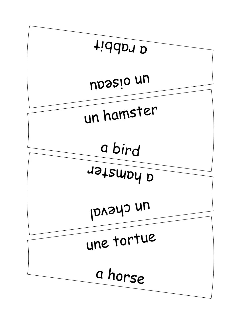 French-English wheel puzzle labels 5–8: un oiseau (bird), un hamster, un cheval (horse) and une tortue.