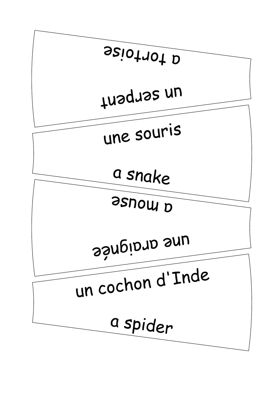 French-English wheel puzzle labels 9–12: un serpent (snake), une souris (mouse) and two more animal terms.