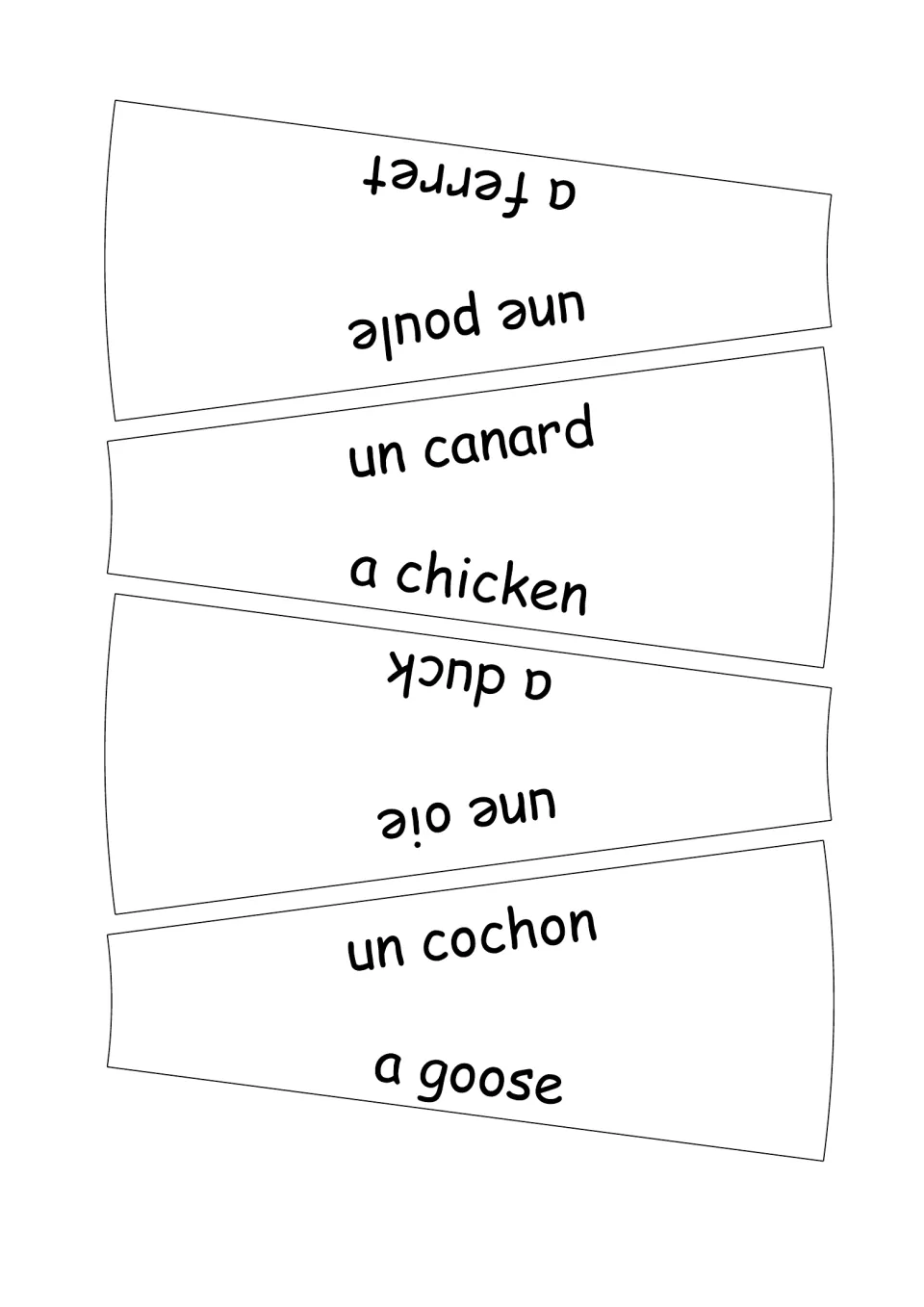 French-English wheel puzzle labels 17–20: une poule (chicken), un canard (duck), une oie and un cochon.
