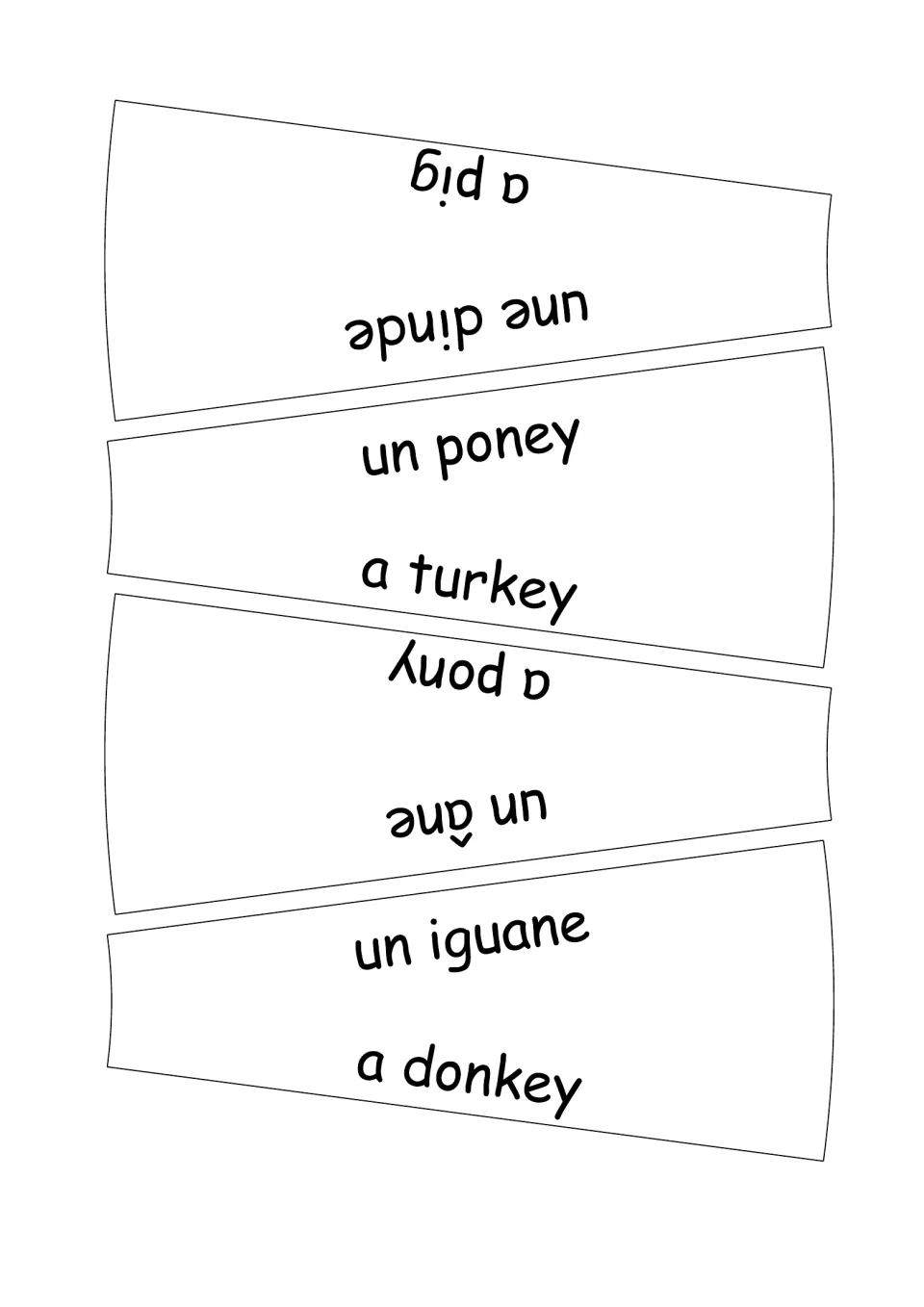 French-English wheel puzzle labels 21–24: une dinde (turkey), un poney, un âne (donkey) and un iguane.