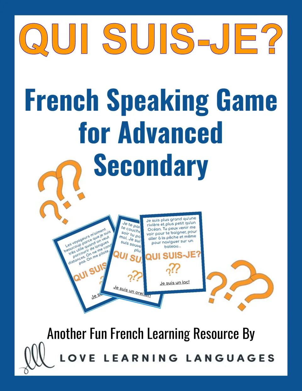 Cover of the French speaking game for advanced secondary students, featuring sample riddle task cards