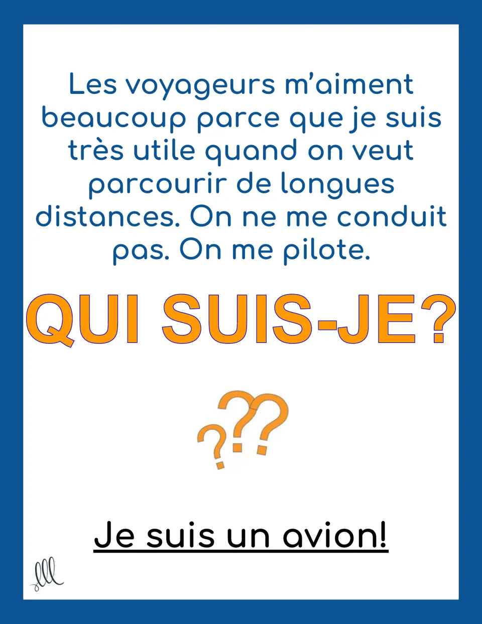 French riddle card about long-distance travel and a vehicle that is piloted, with the answer un avion (airplane)