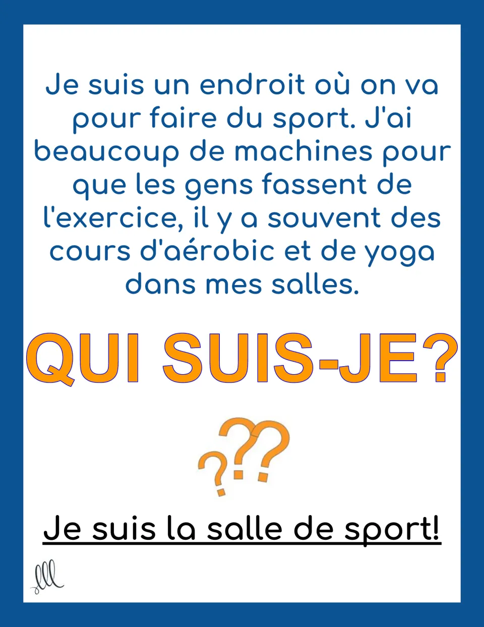 French riddle card about exercise machines, aerobics, and yoga, with the answer la salle de sport (gym)