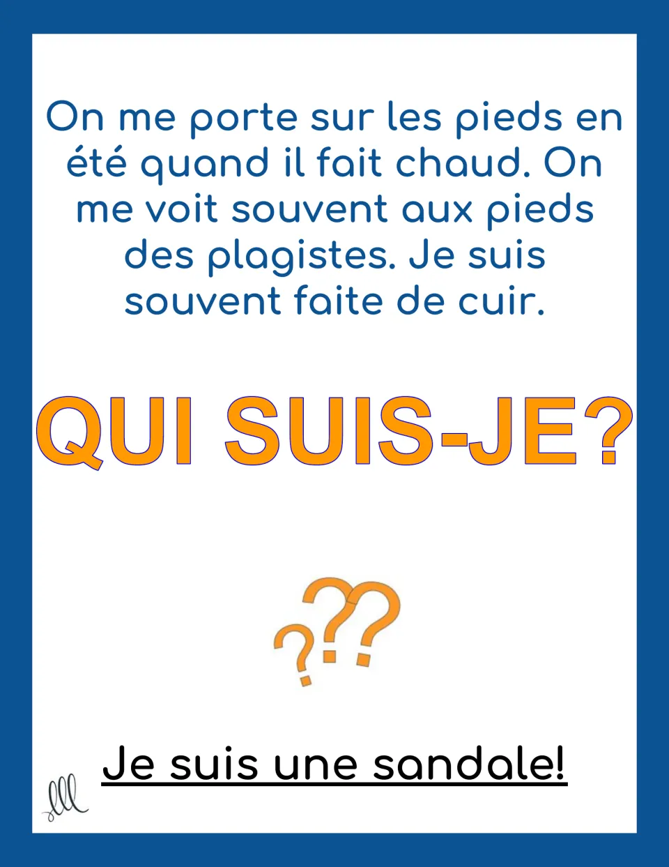 French riddle card about footwear worn in summer and often made of leather, with the answer une sandale (sandal)