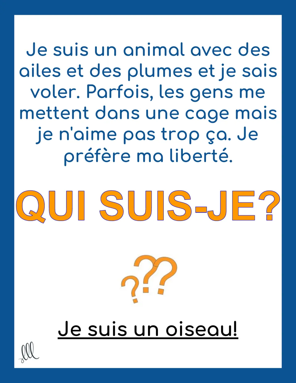 French riddle card about an animal with wings and feathers that prefers freedom, with the answer un oiseau (bird)
