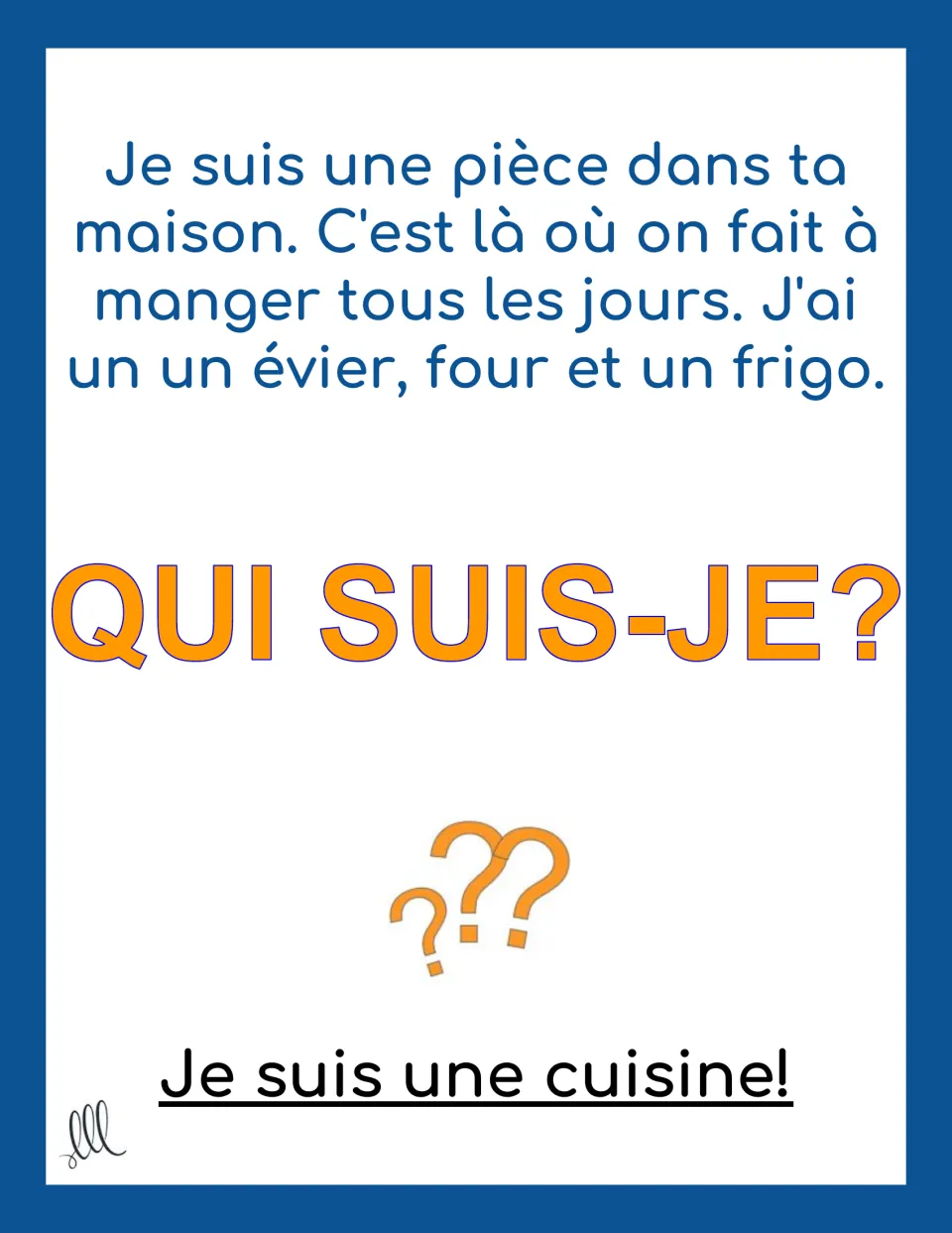 French riddle card about a room used for cooking, with a sink, oven, and fridge; the answer is une cuisine (kitchen)