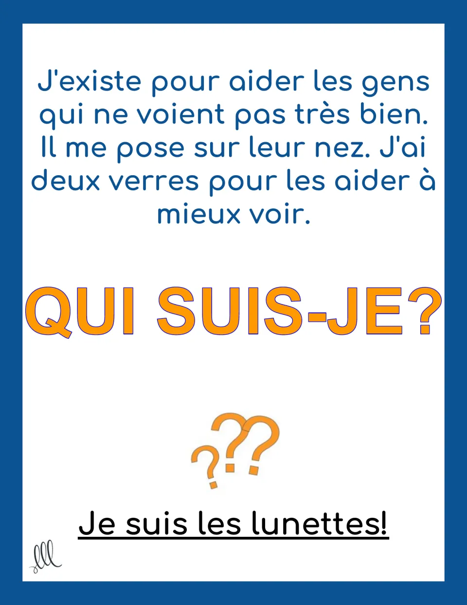 French riddle card about an object worn on the nose with two lenses, with the answer les lunettes (glasses)