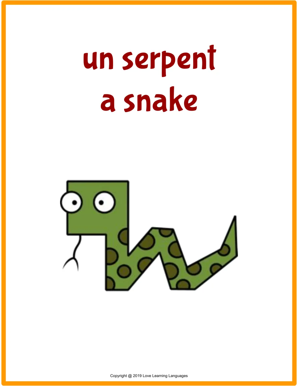 Flashcard for un serpent (a snake), showing the French word, its English translation and a green spotted snake