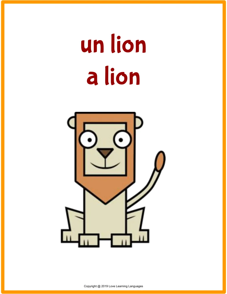 Flashcard for un lion (a lion), showing the French and English words above a drawing of a seated lion