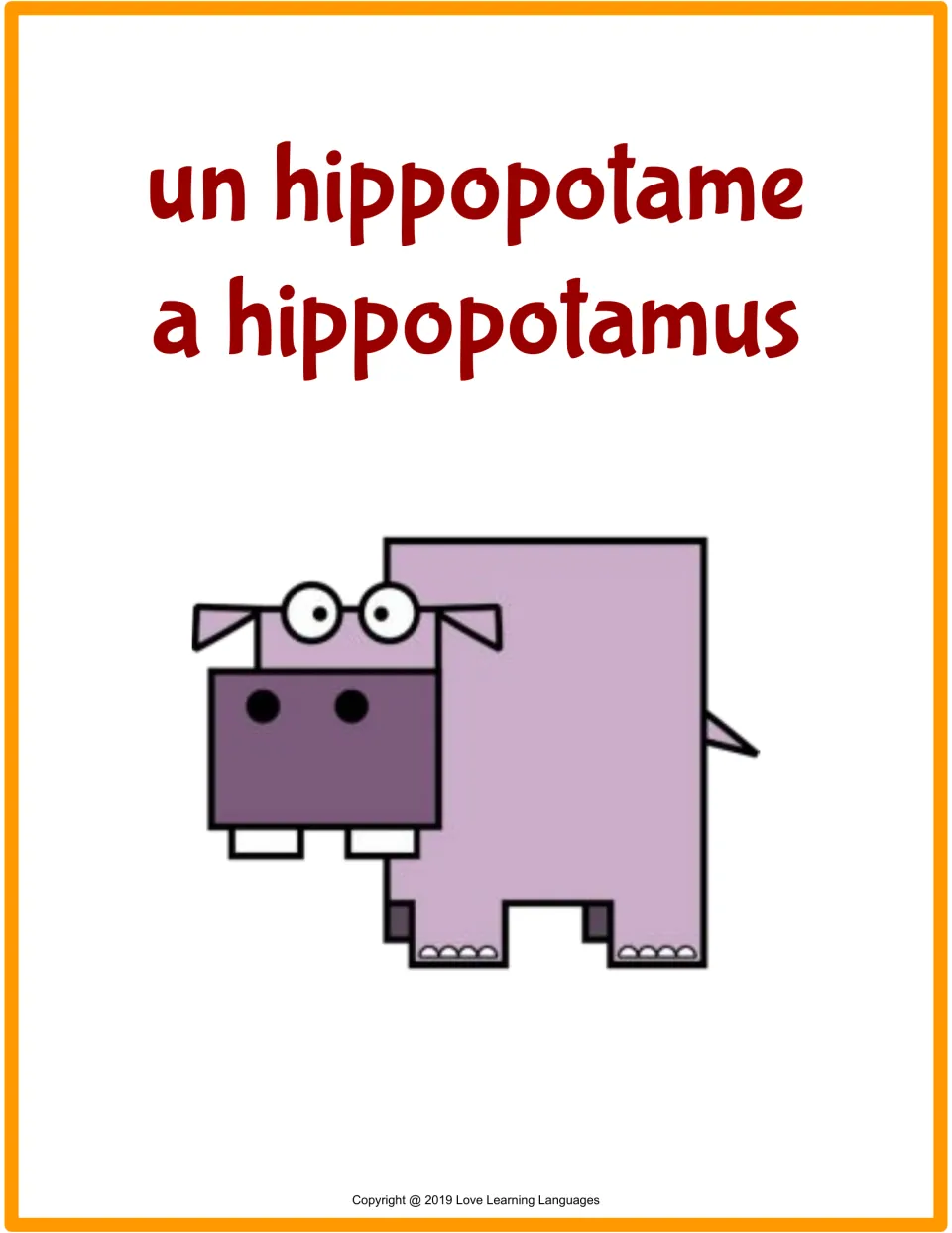 Flashcard for un hippopotame (a hippopotamus), with the French and English words and a purple hippo