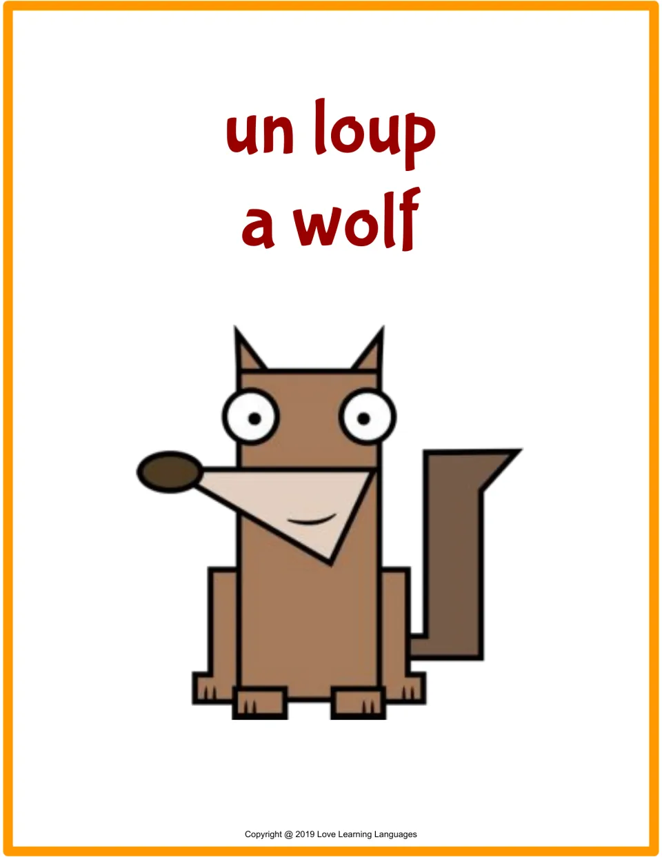 Flashcard for un loup (a wolf), with the French and English words above a drawing of a brown wolf
