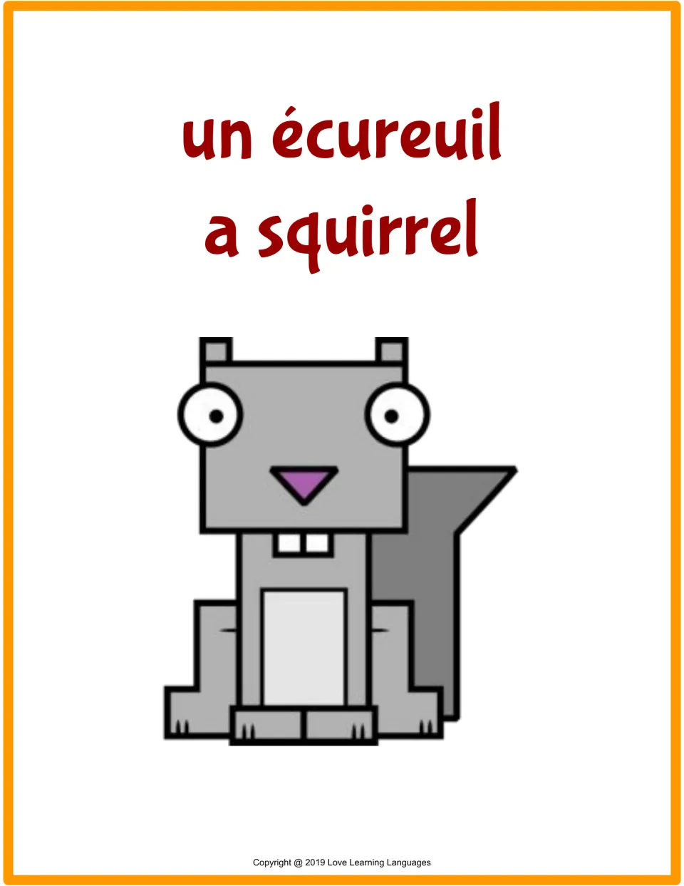 Flashcard for un écureuil (a squirrel), showing the French word, its English translation and a gray squirrel