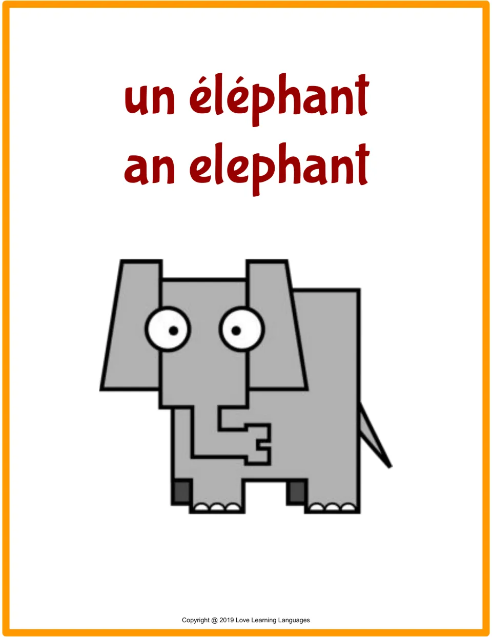 Flashcard for un éléphant (an elephant), with the French and English words and a gray elephant drawing