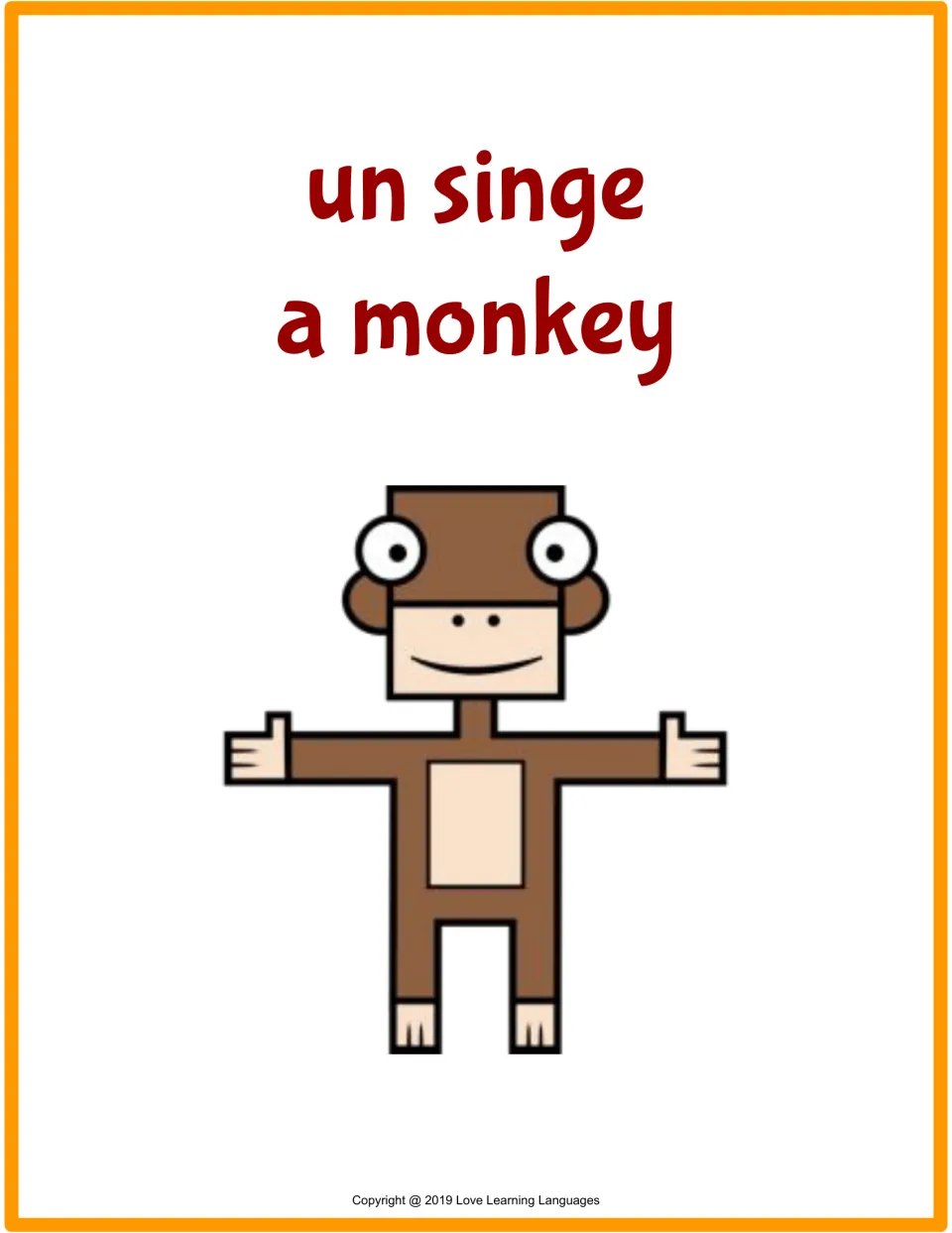 Flashcard for un singe (a monkey), showing the French and English words above a brown monkey with open arms