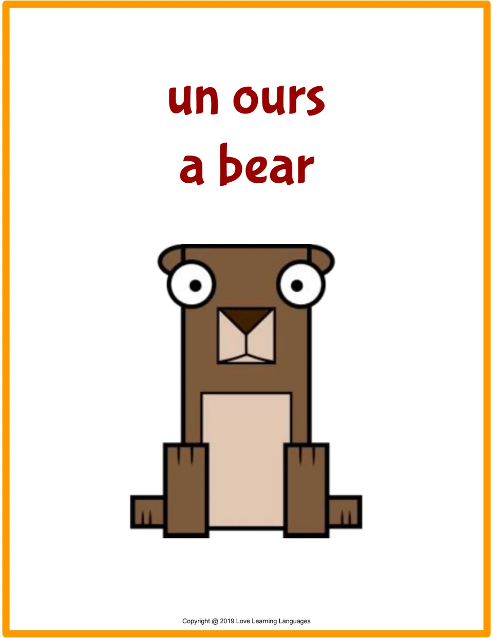 Flashcard for un ours (a bear), with the French word, its English translation and a seated brown bear