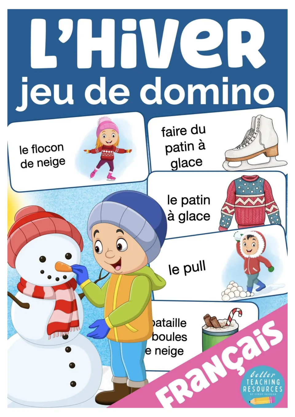 Cover of French: Winter Dominoes Game, showing sample French word-and-picture cards for winter vocabulary