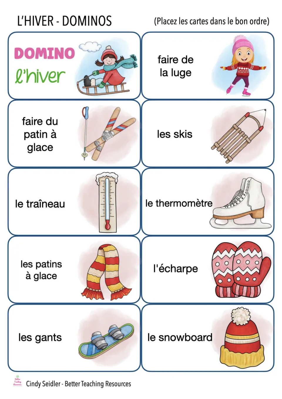 French winter domino cards 1–10: starting card, les skis (skis), l'écharpe (scarf), and seven more
