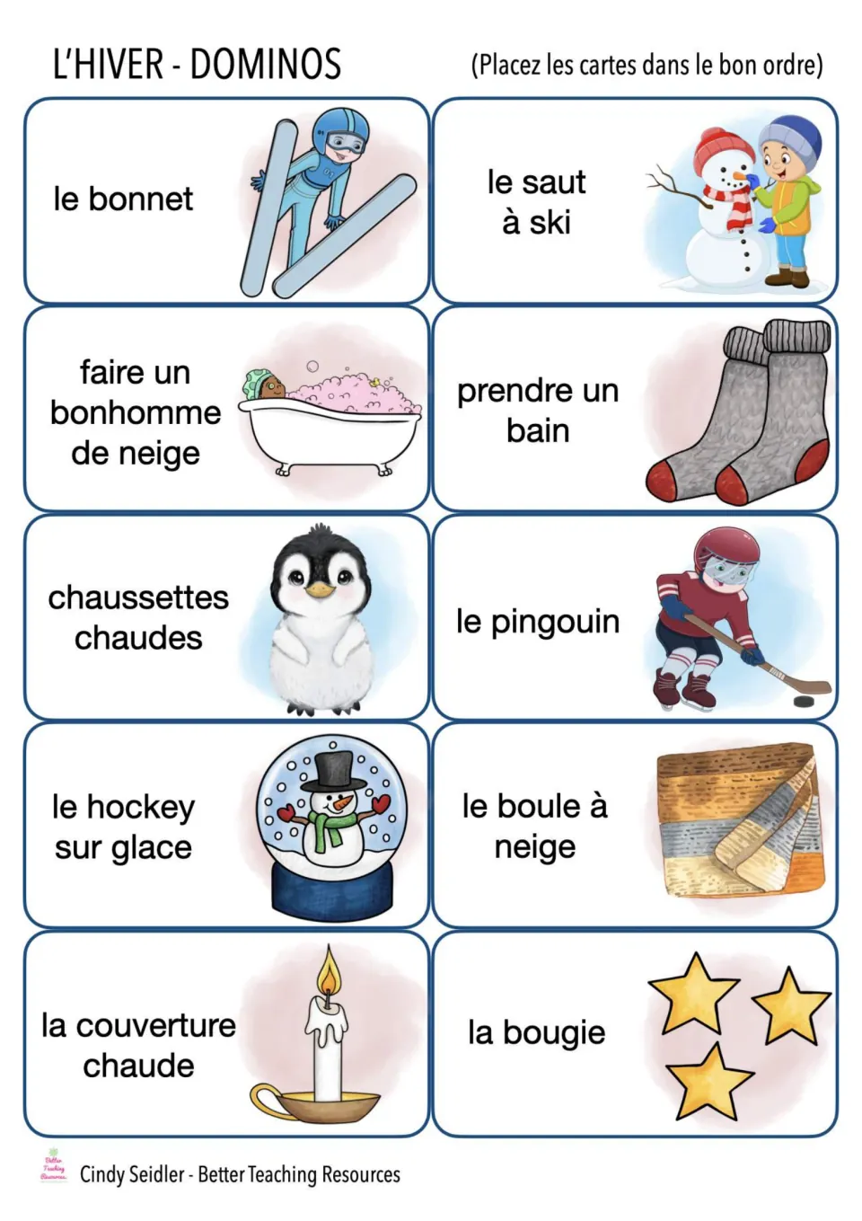 French winter domino cards 11–20: le bonnet (hat), le pingouin (penguin), la bougie (candle), and seven more