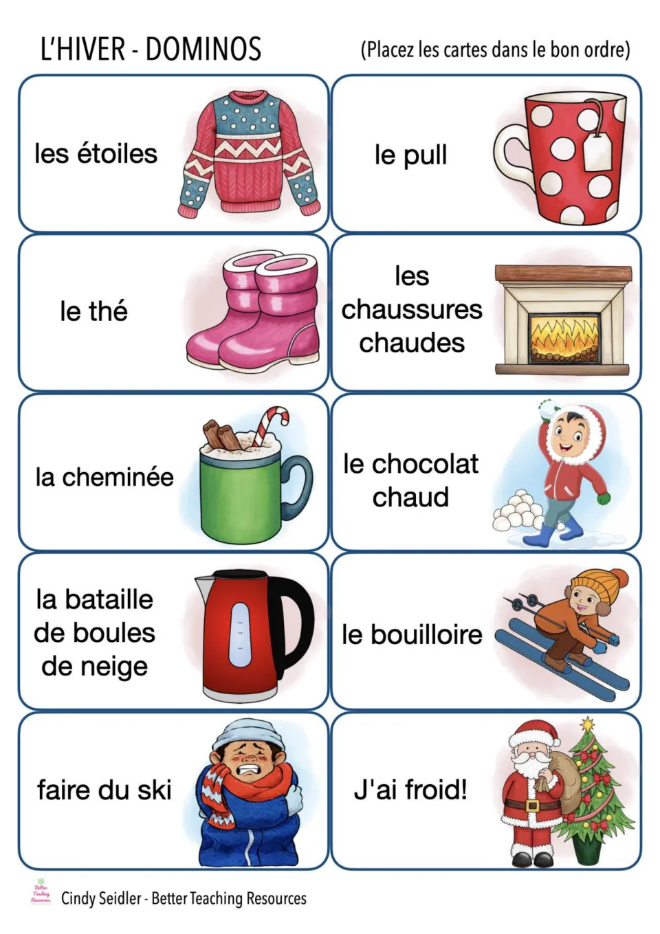 French winter domino cards 21–30: les étoiles (stars), le pull (sweater), le thé (tea), and seven more