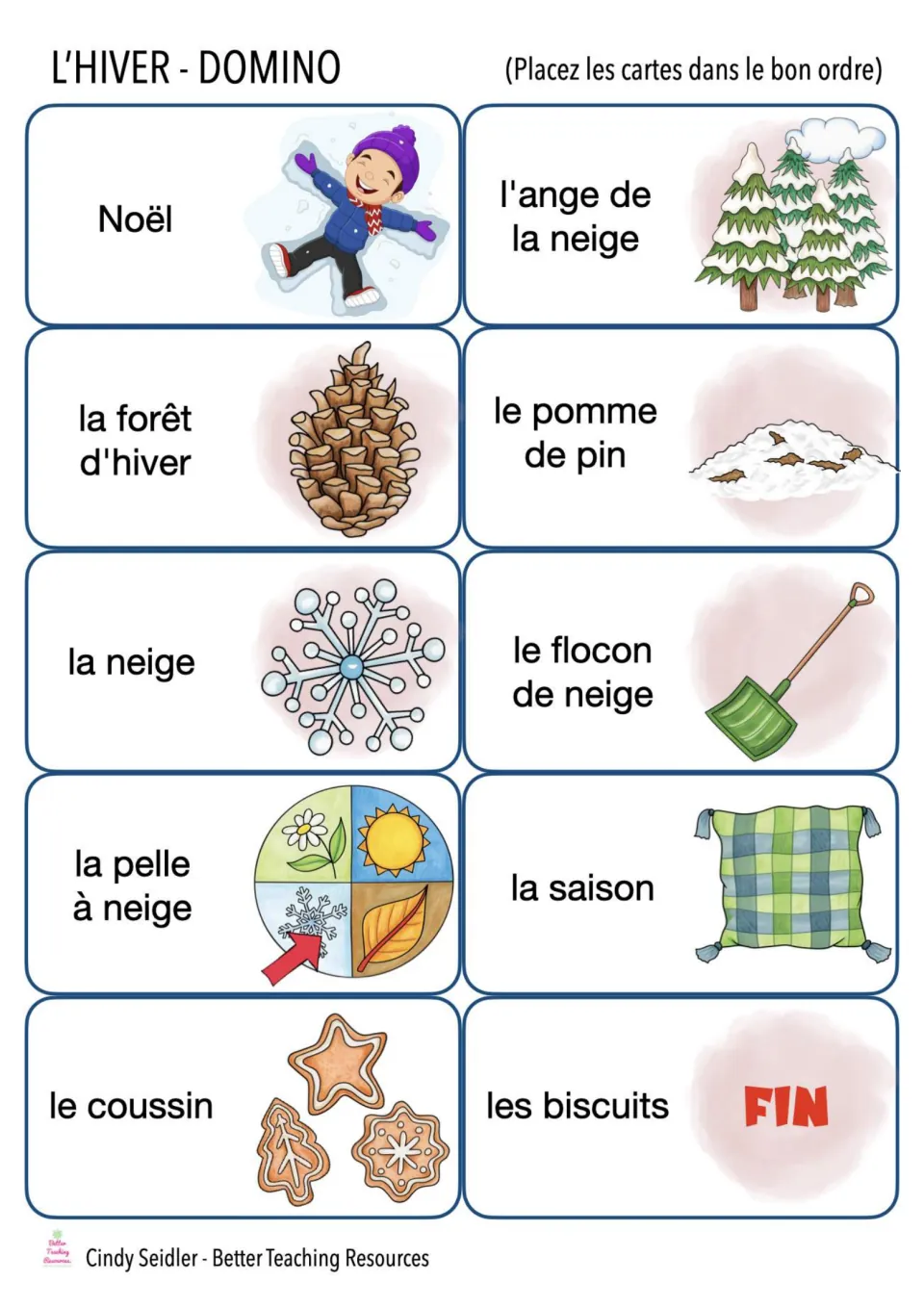 French winter domino cards 31–40: Noël (Christmas), la neige (snow), and eight more, ending with FIN