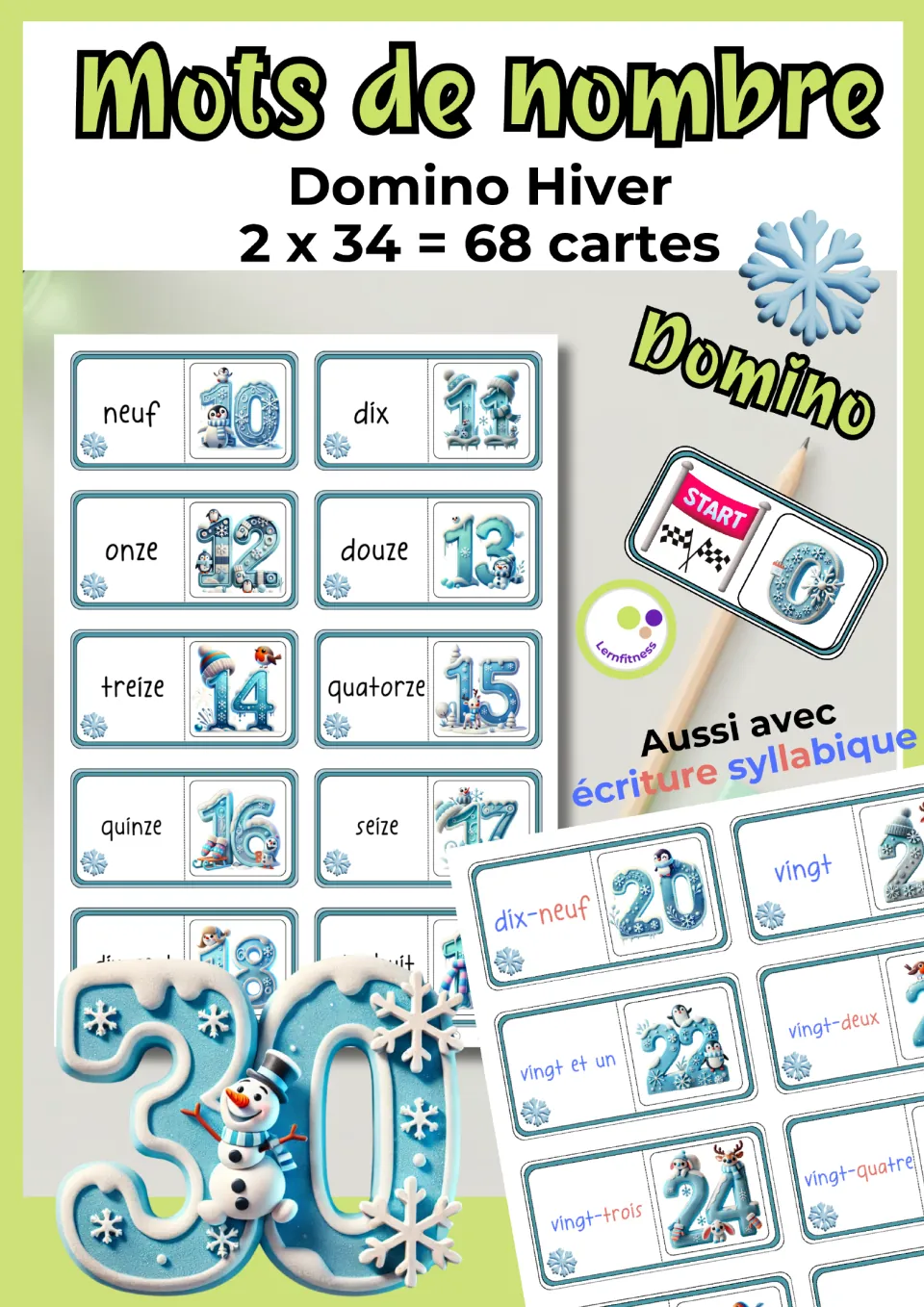 Mots de nombre Domino Hiver cover: 68 winter domino cards pairing French number words with numerals 0 to 30