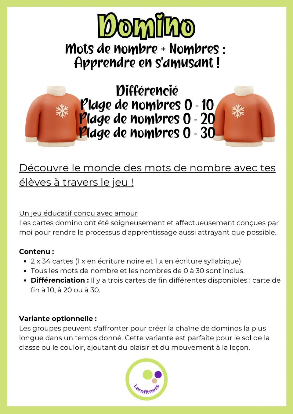 Overview of French number-word dominoes: 2 x 34 cards for 0 to 30, end cards at 10, 20 or 30, and a group chain variant