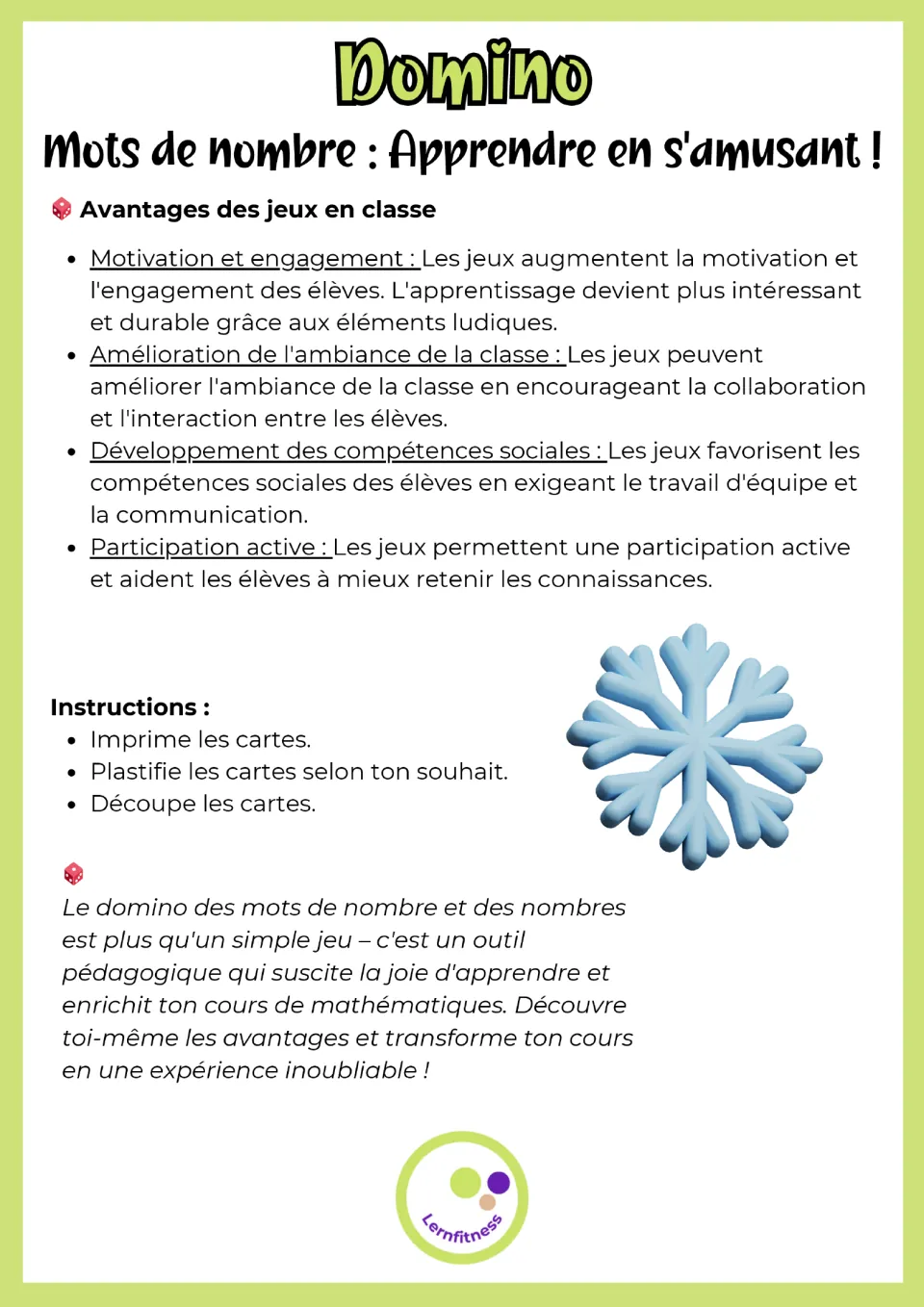 Teacher notes in French on the benefits of classroom games, plus setup steps: print, laminate if wished, and cut the cards