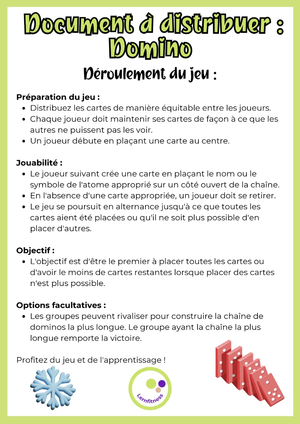 French game rules handout: deal the cards, add a matching word or numeral to an open chain end; first out of cards wins