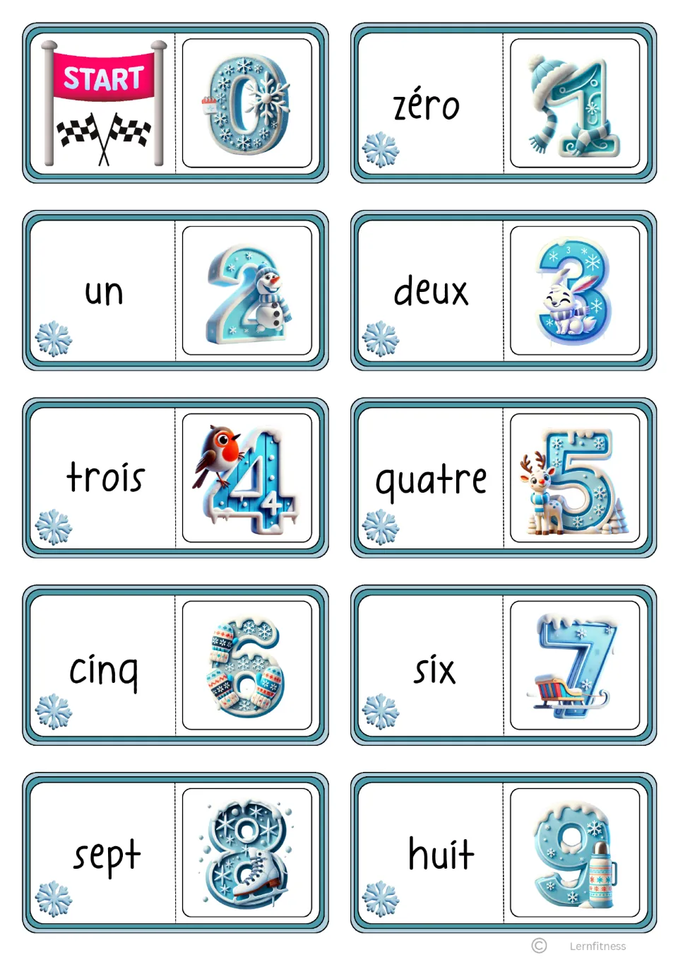 Domino cards 0 to 9: a START card with 0, then each card pairs a French word (zéro to huit) with the next winter numeral
