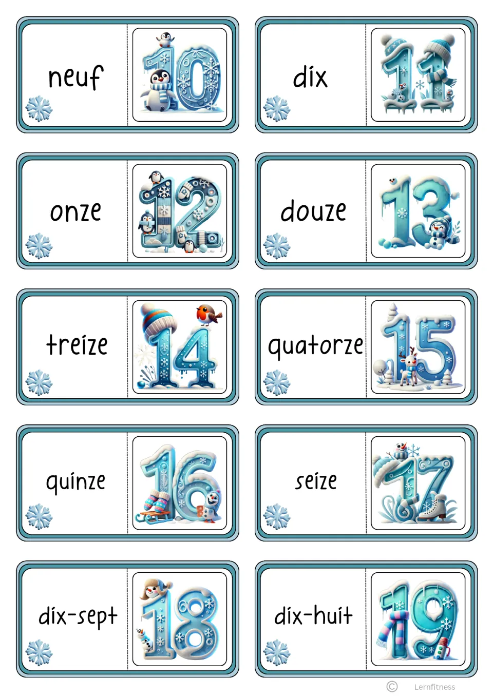 Domino cards 10 to 19: French words neuf to dix-huit, each beside the following numeral, for matching words to numbers