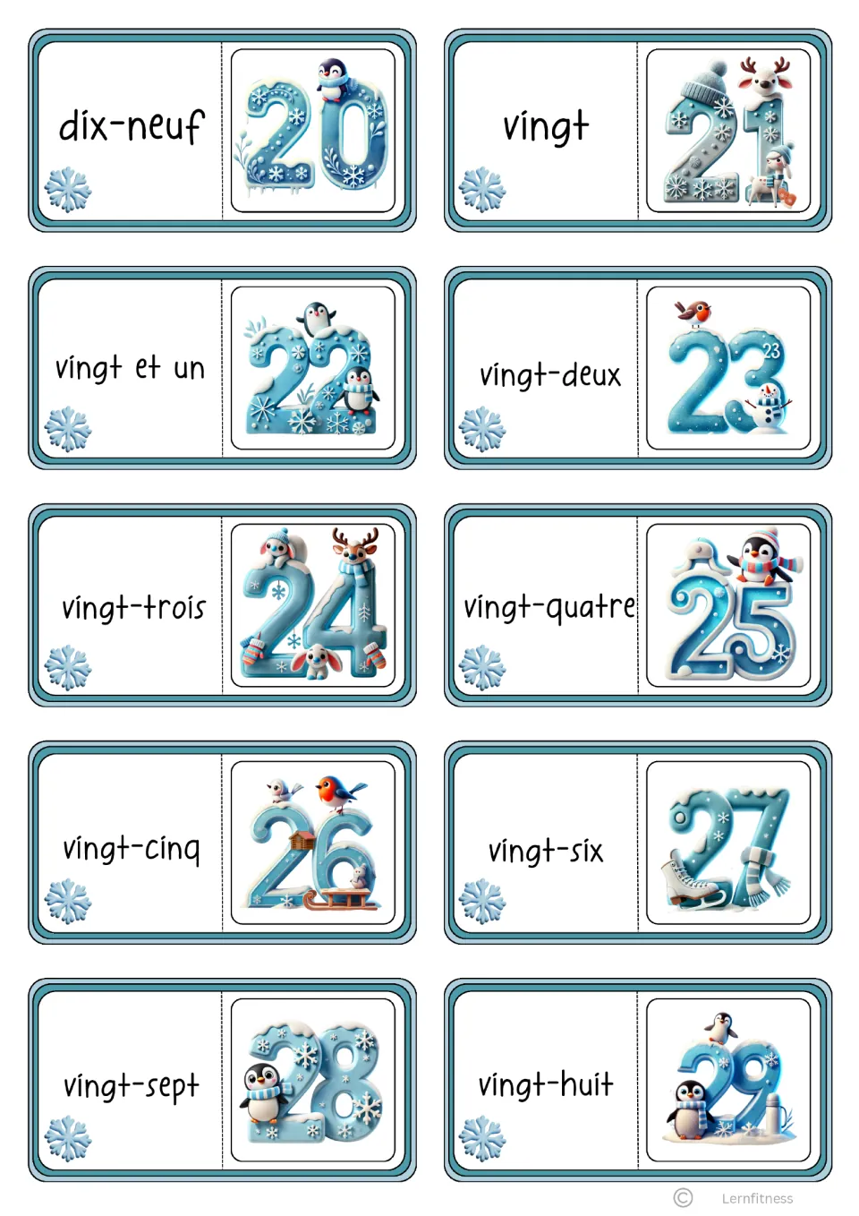 Domino cards 20 to 29: words dix-neuf to vingt-huit, including vingt et un, each paired with the next winter numeral