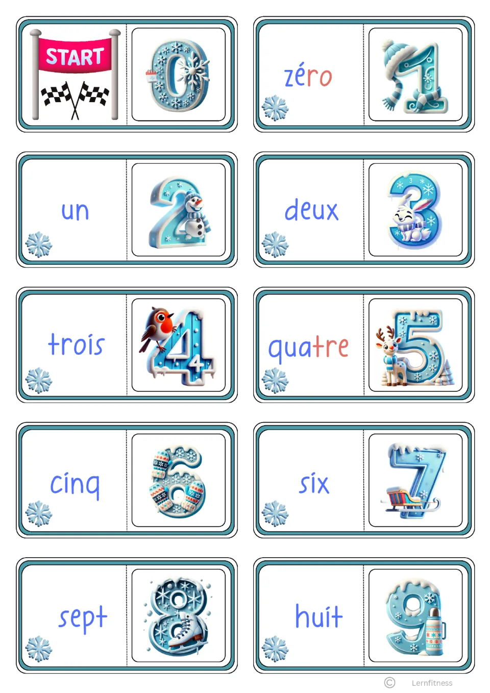 Syllabic version of cards 0 to 9: French number words zéro to huit printed in alternating blue and red syllables