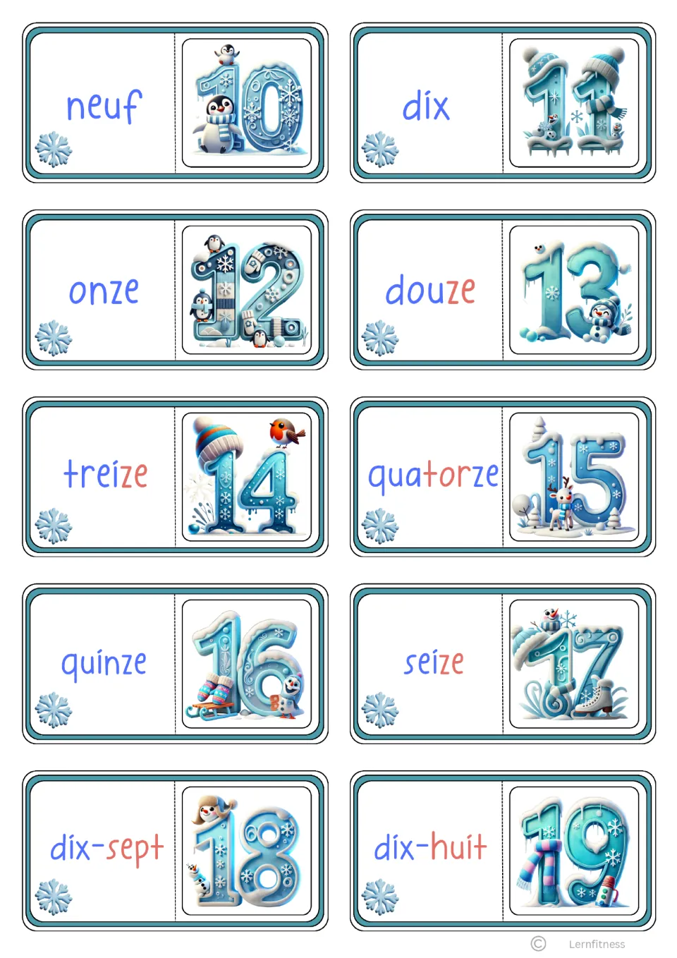 Syllabic version of cards 10 to 19: words neuf to dix-huit split into blue and red syllables beside winter numerals