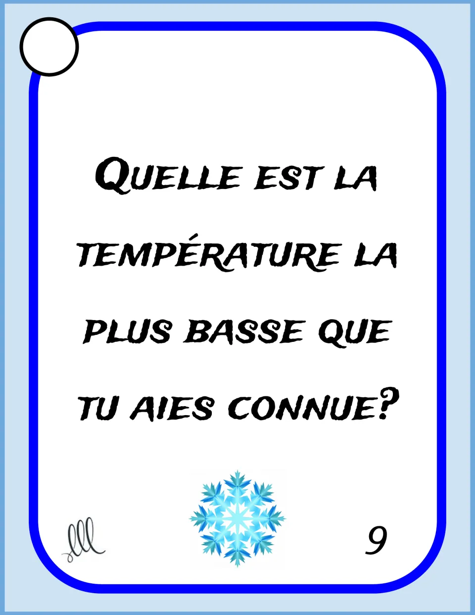 French winter speaking card 9 asks 'Quelle est la température la plus basse que tu aies connue?' about cold weather