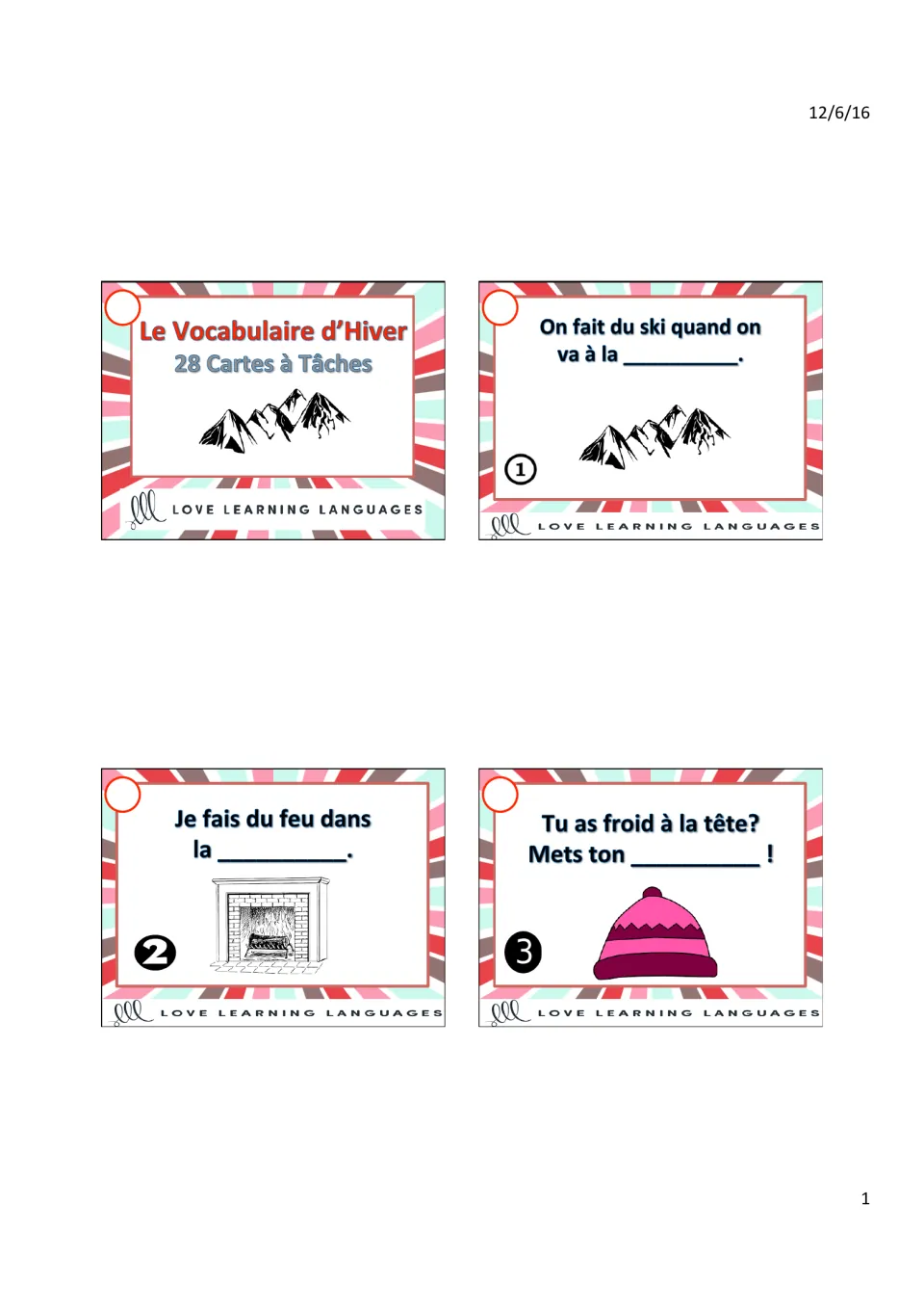 Title card 'Le Vocabulaire d'Hiver: 28 Cartes à Tâches' and cards 1–3 with ski, fireplace and hat clues