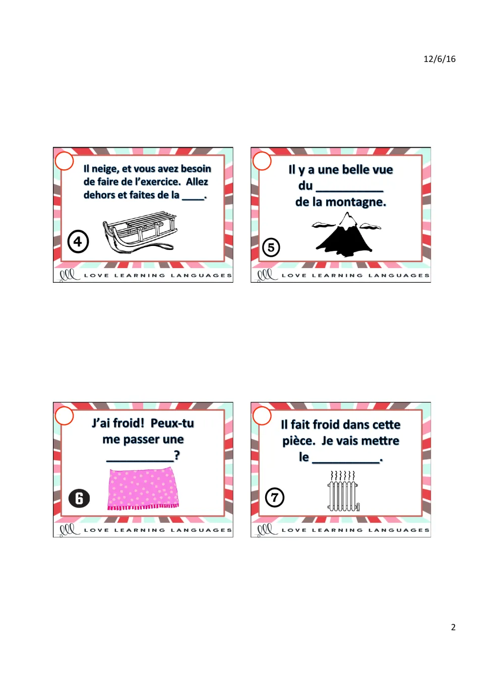 Task cards 4–7: fill-in-the-blank sentences with clue pictures of a sled, a mountain peak, a blanket and a radiator
