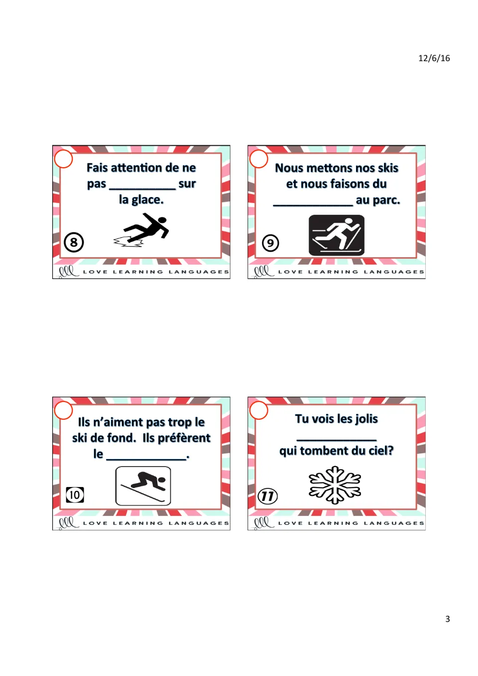 Task cards 8–11 with clues for slipping on ice, cross-country skiing, downhill skiing and snowflakes