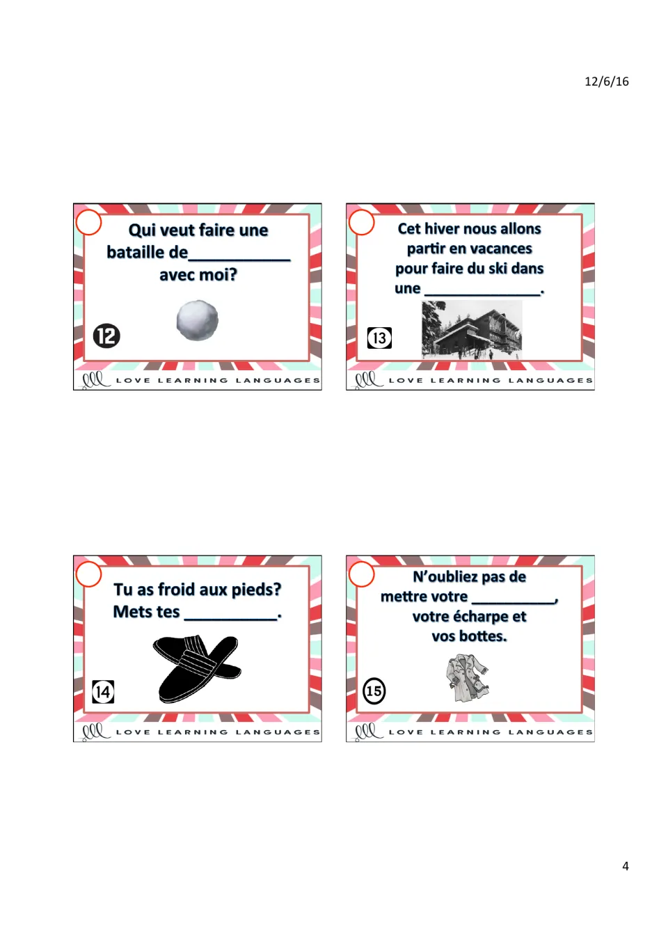 Task cards 12–15 with picture clues: a snowball, a ski lodge photo, a pair of slippers and a coat